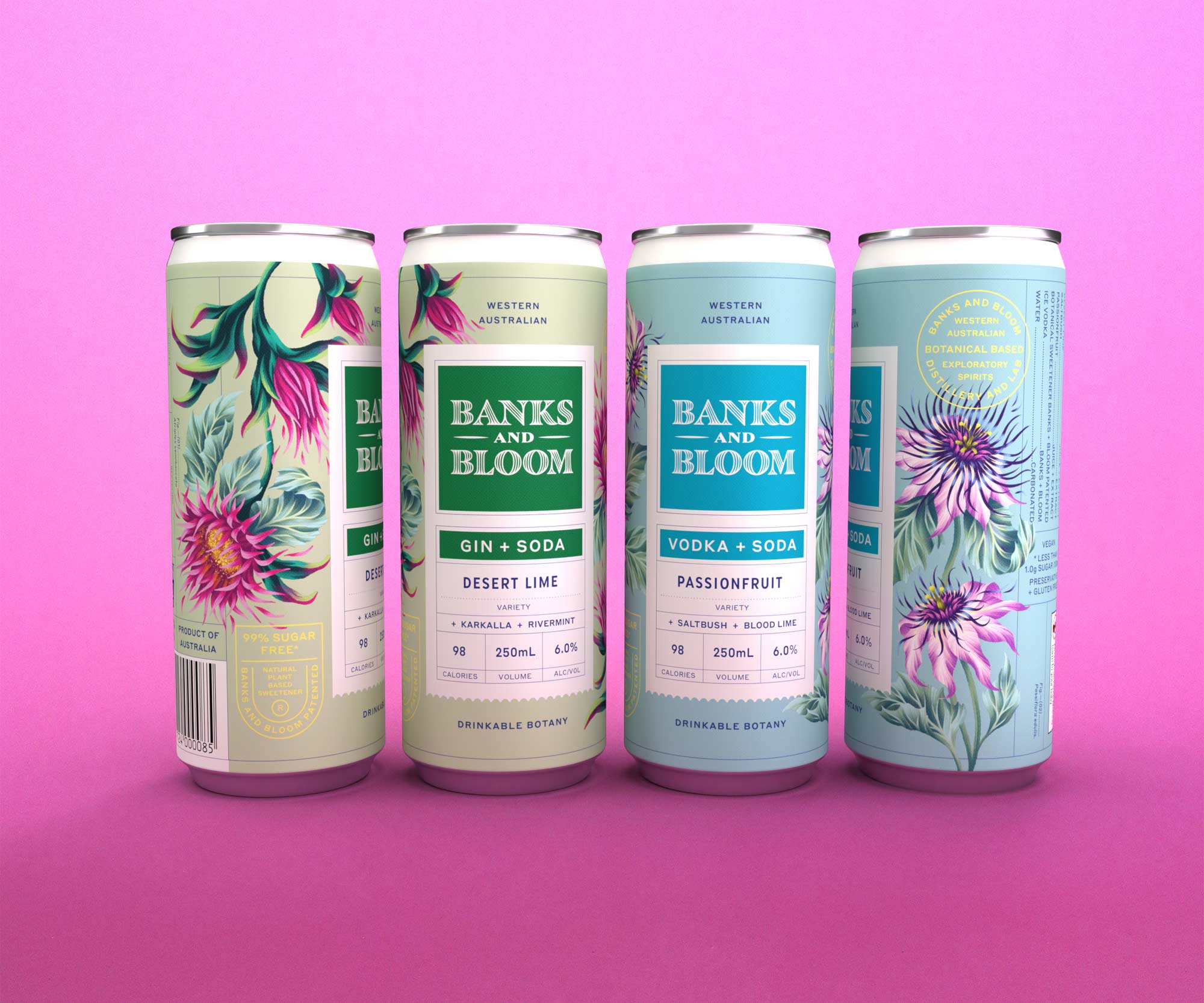 Banks and Bloom Gin and Vodka RTD can packaging floral illustrations by Andrea Muller
