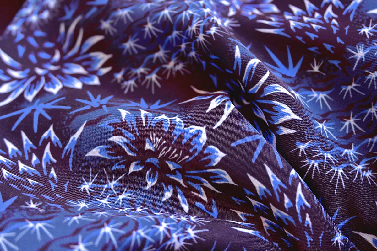 Cactus floral blue satin fabric print by Andrea Stark