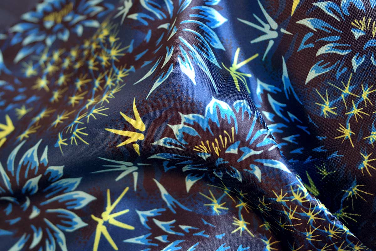 Cactus floral contemporary blue satin fabric by Andrea Stark
