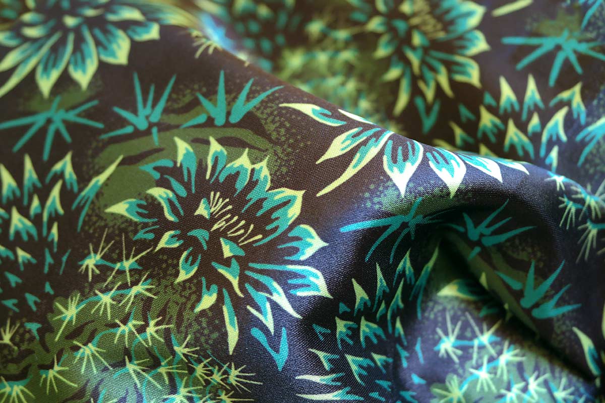 Cactus floral green satin fabric by Andrea Stark