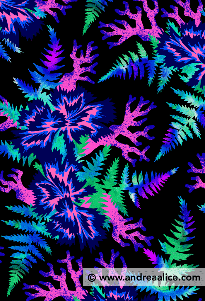 Coral Carnation Blue & Purple floral pattern by Andrea Stark