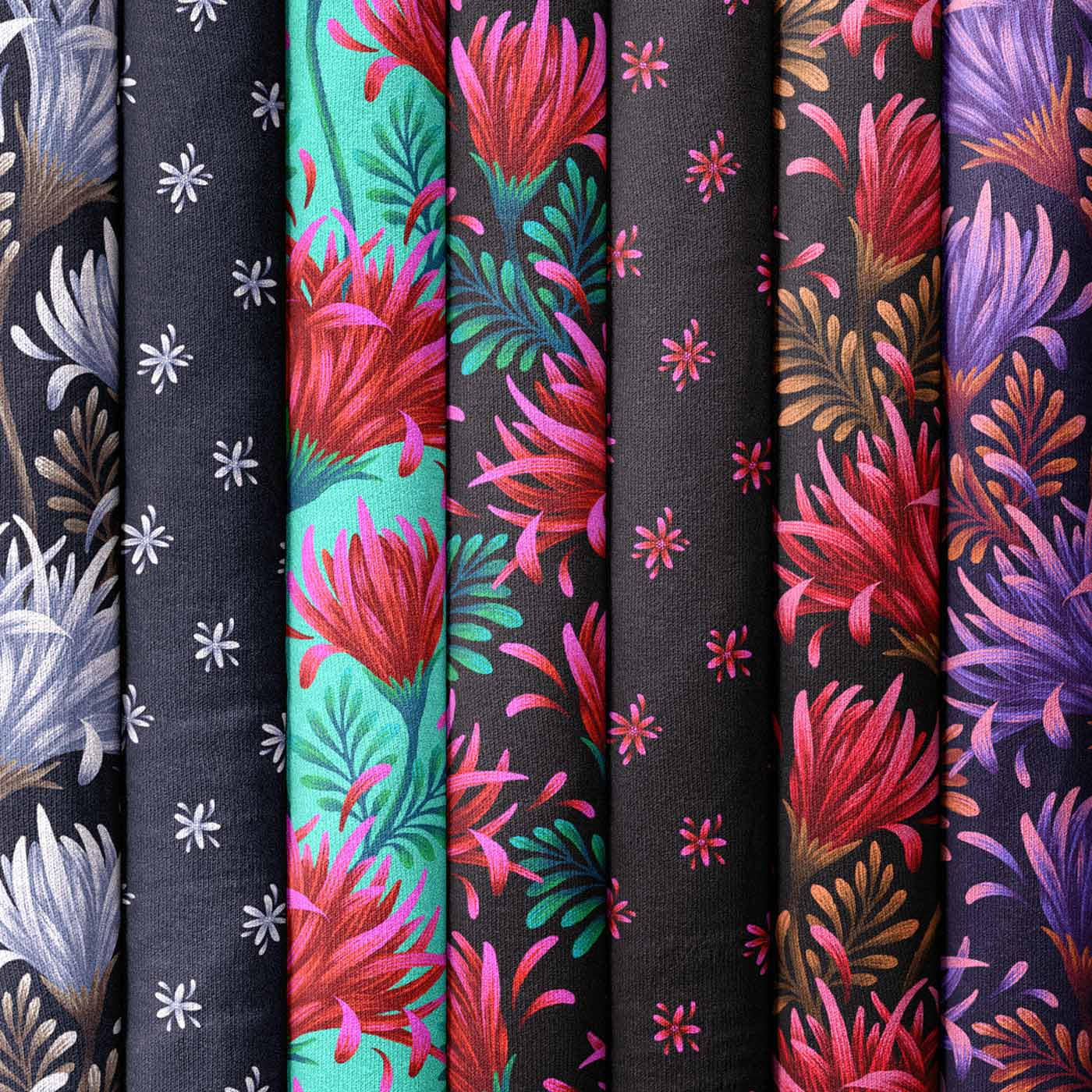 Coordinating collection of fabrics with daisy flowers by Andrea Muller