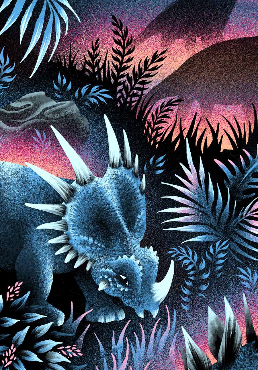 Styracosaurus illustration night scene with foliage by Andrea Muller