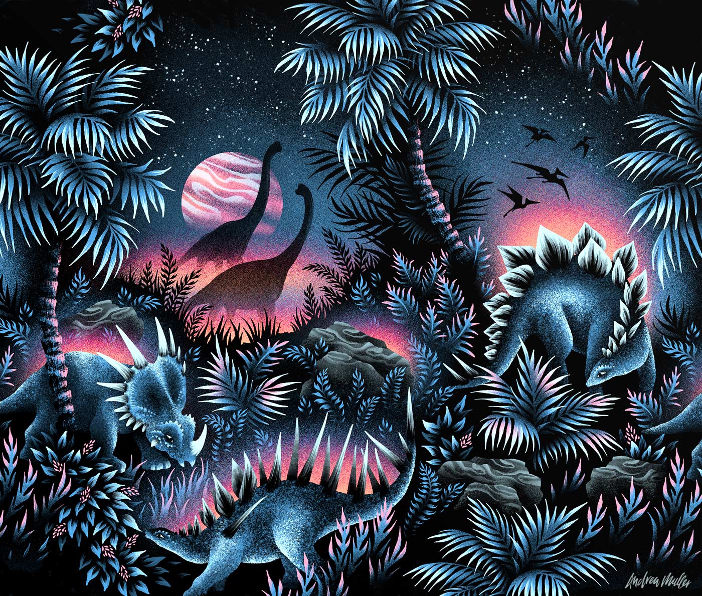 Dinosaur Lagoon artwork illustration tropical night scene by Andrea Muller