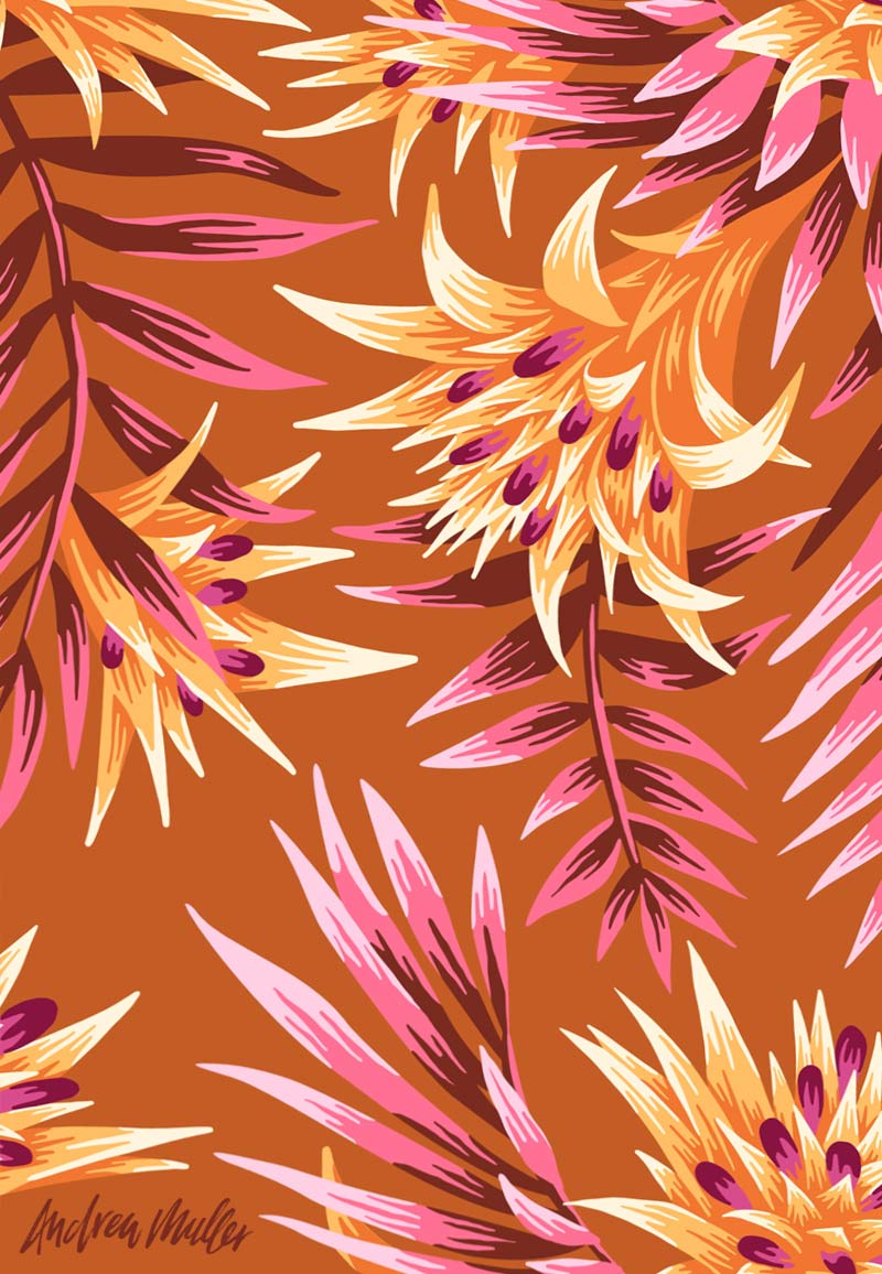 Aechmea Fasciata floral pattern orange illustration by Andrea Muller