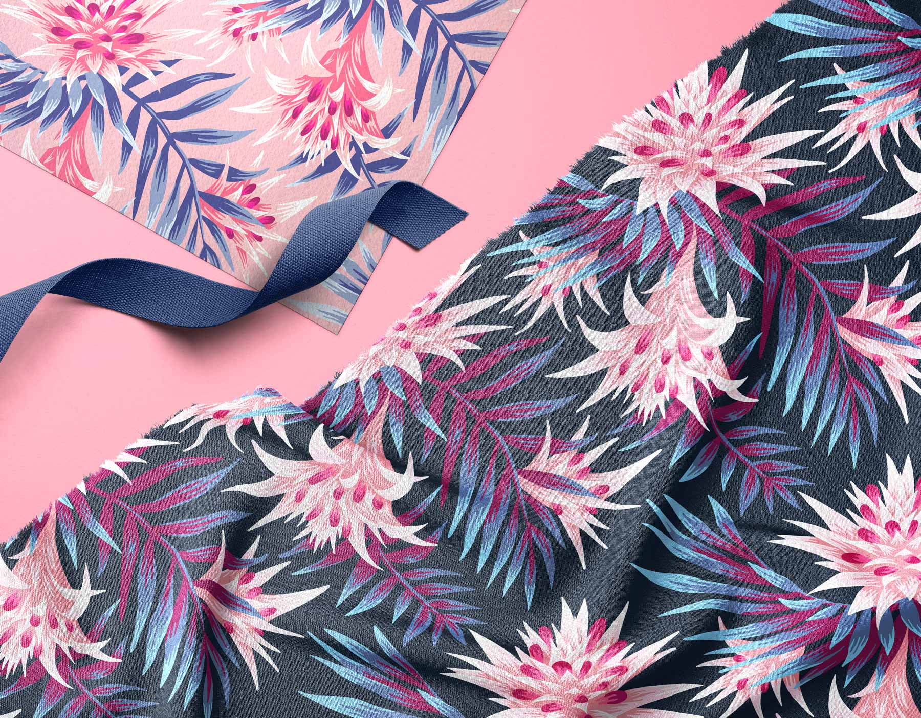 Fasciata tropical floral pink and blue fabric by Andrea Muller