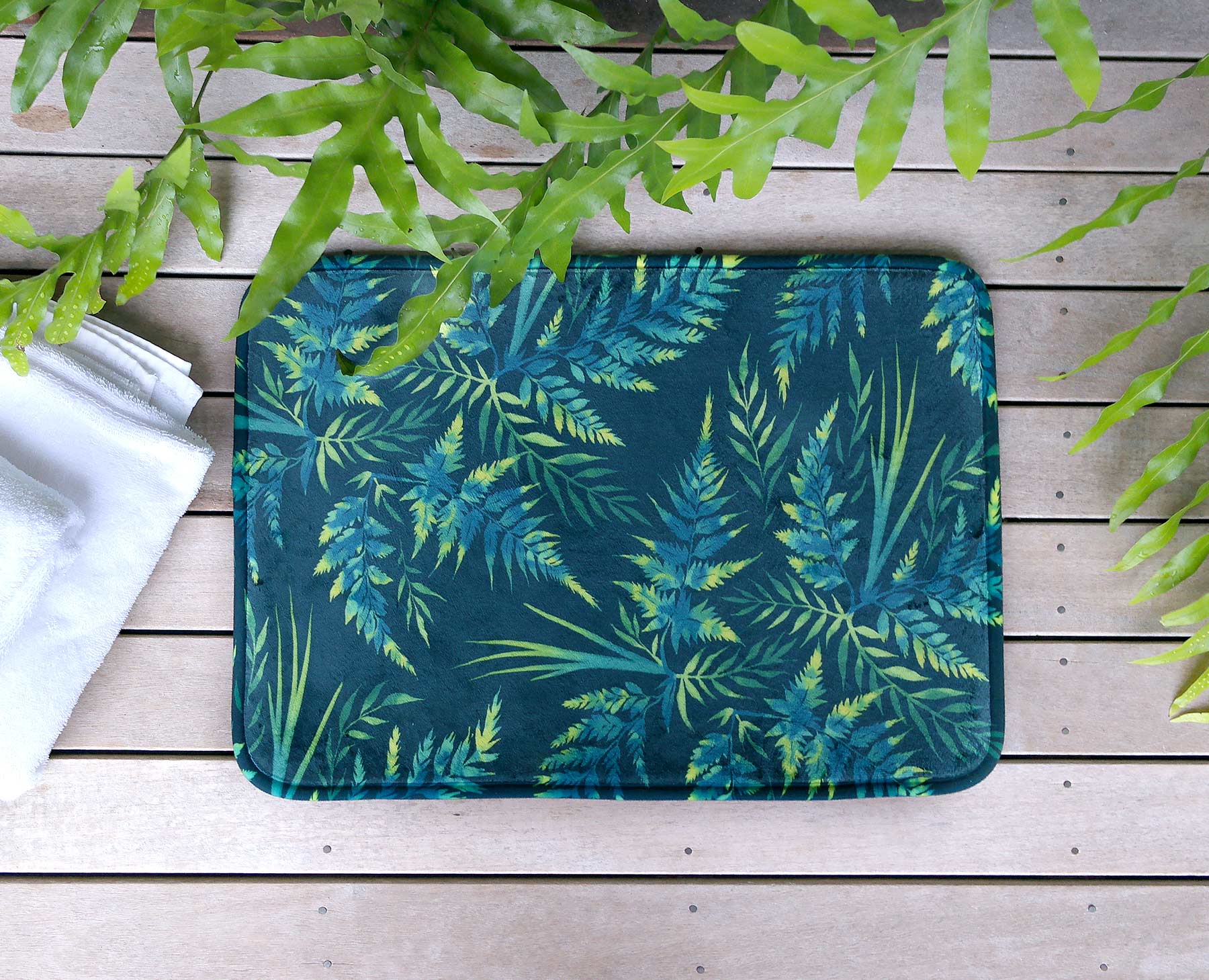 Watercolor fern leaves green tropical bath mat by Andrea Muller