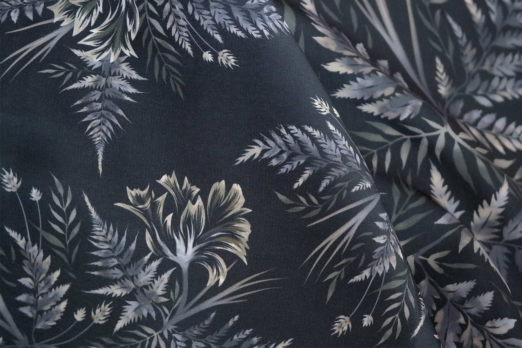 Watercolor fern leaf and parrot tulip pattern fabric black by Andrea Muller
