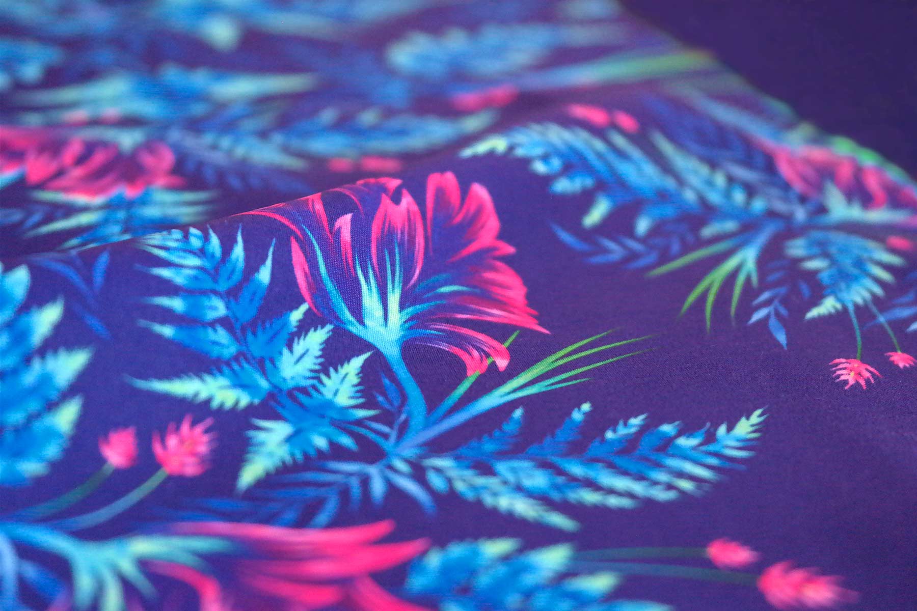 Watercolor ferns and parrot tulips blue pink fabric by Andrea Muller