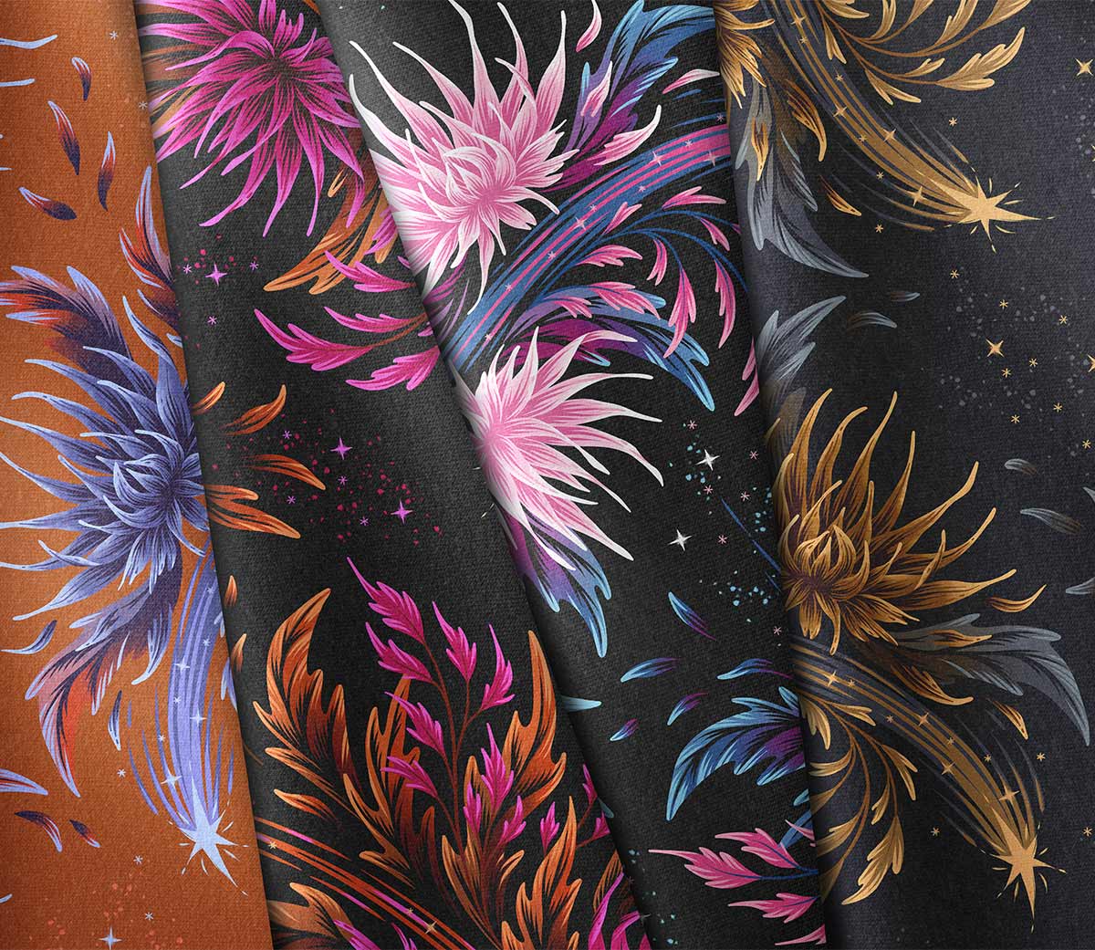 Floral supernova four fabric colorways by Andrea Muller