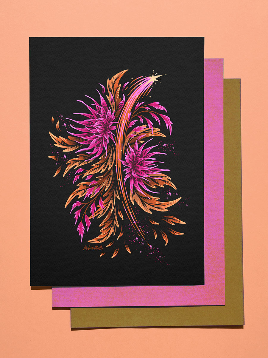 Floral Supernova pink and orange art print by Andrea Muller