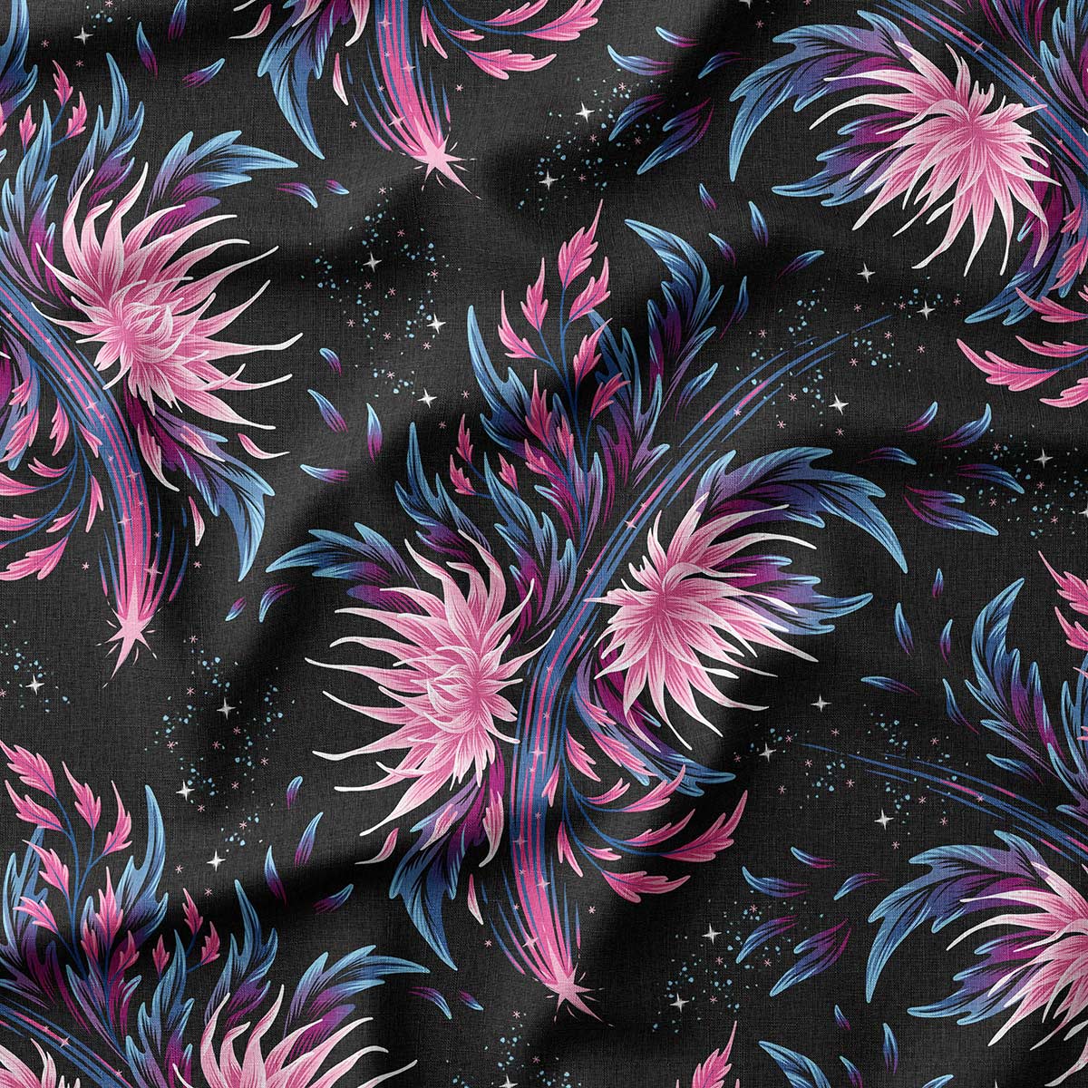 Floral supernova galaxy pink and black fabric pattern by Andrea Muller