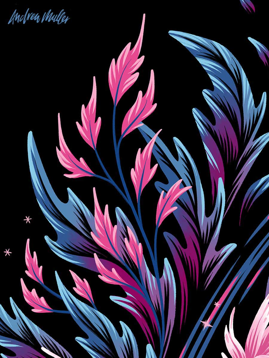 Floral Supernova leaves pink and black pattern illustration detail by Andrea Muller