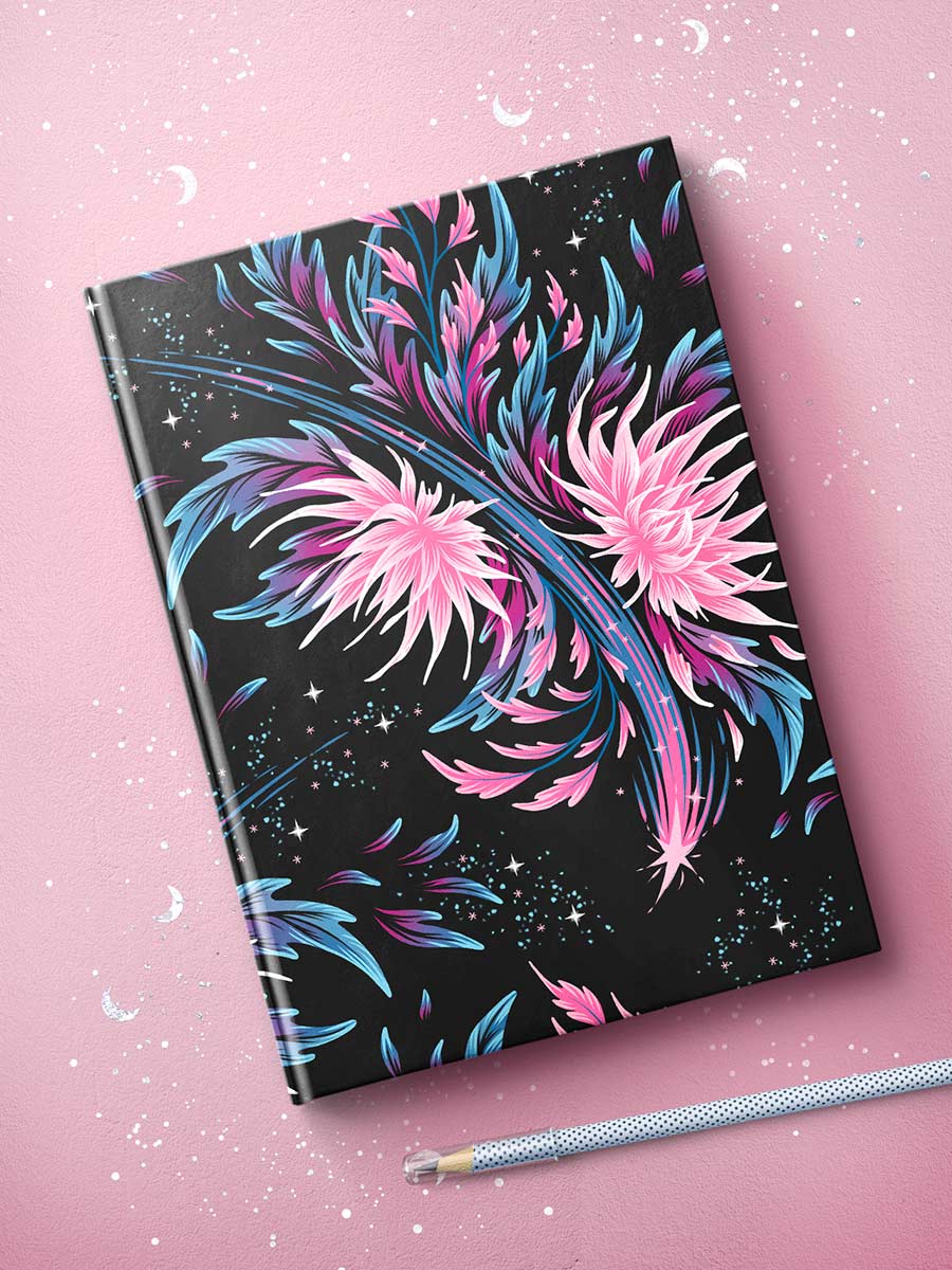 Floral Supernova pink and black pattern hardcover journal by Andrea Muller
