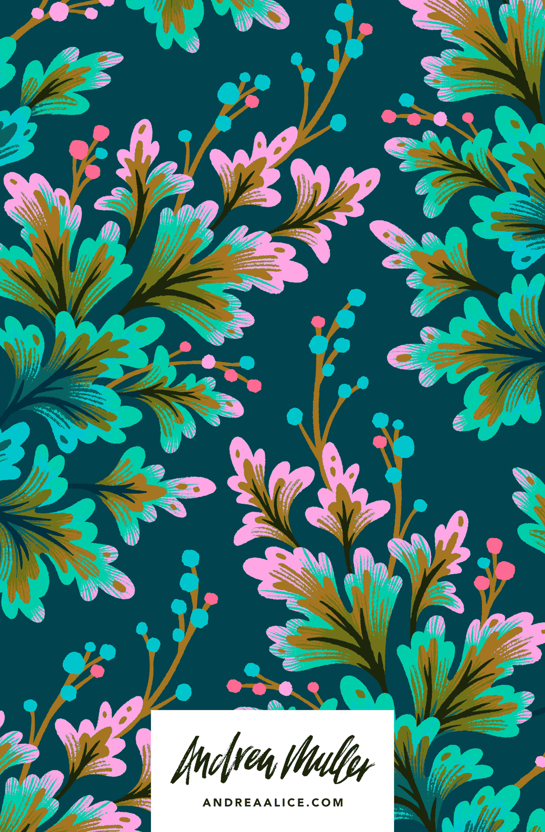 Scalloped frilly leaf foliage repeat pattern illustration green and pink by Andrea Muller