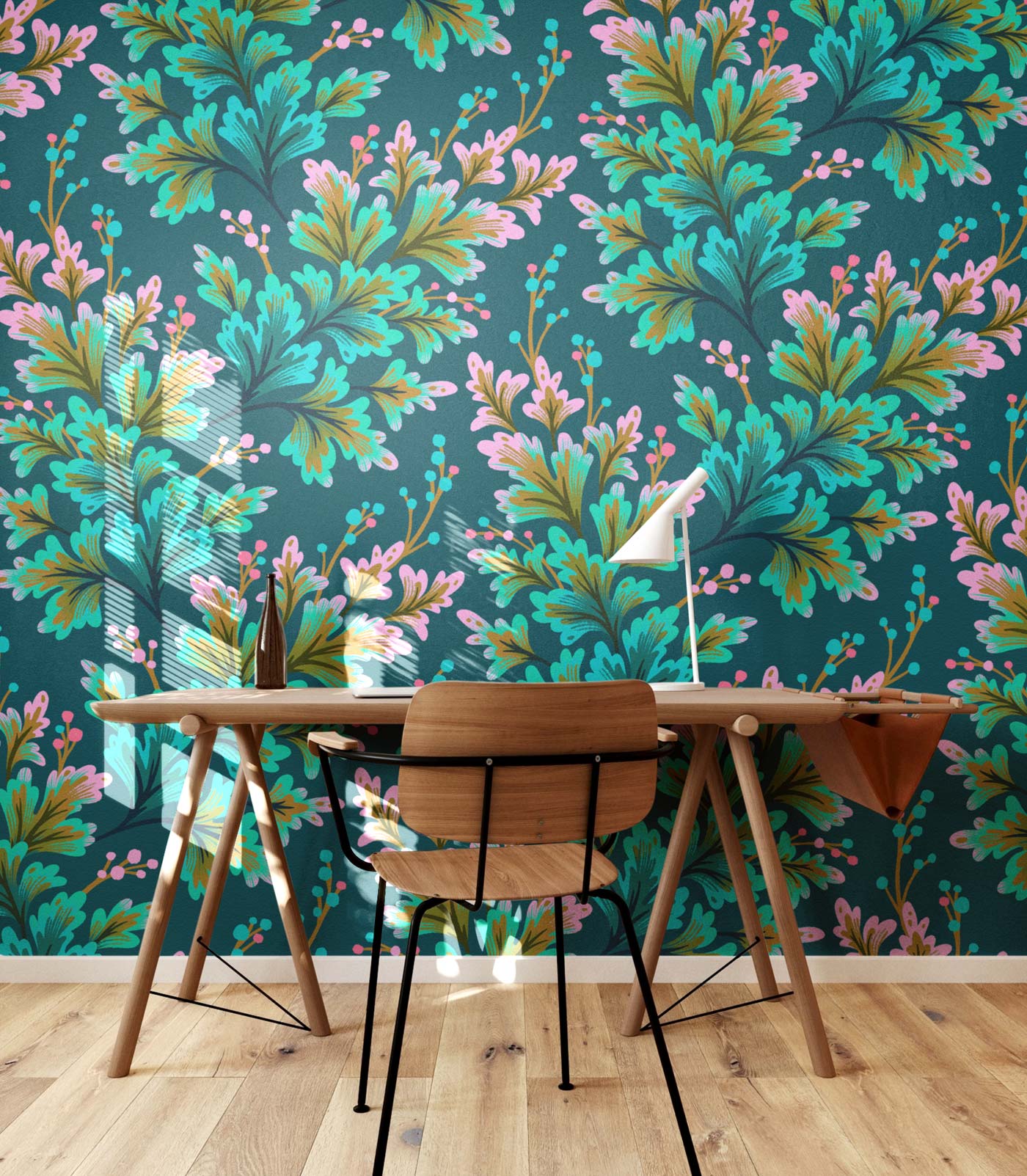 Green and pink leafy wallpaper pattern in office with wooden desk by Andrea Muller