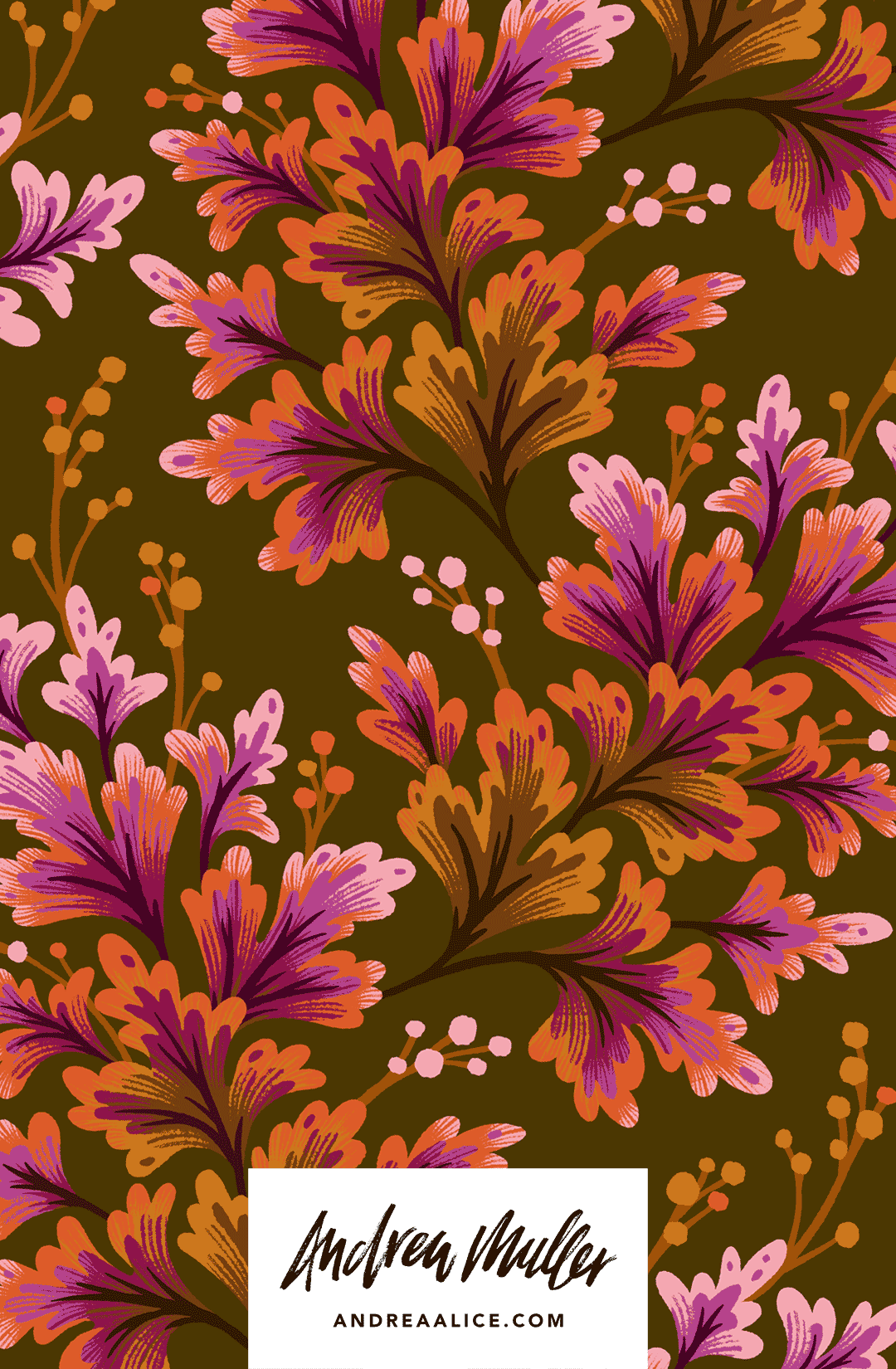 Retro scalloped frilly leaf foliage repeat pattern illustration olive green and orange by Andrea Muller