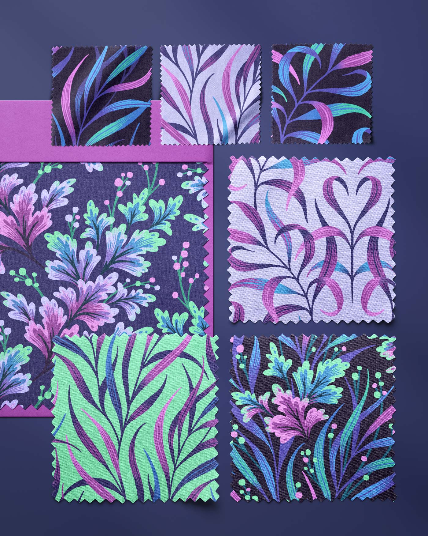 Purple and teal leaves and foliage pattern fabric collection by Andrea Muller