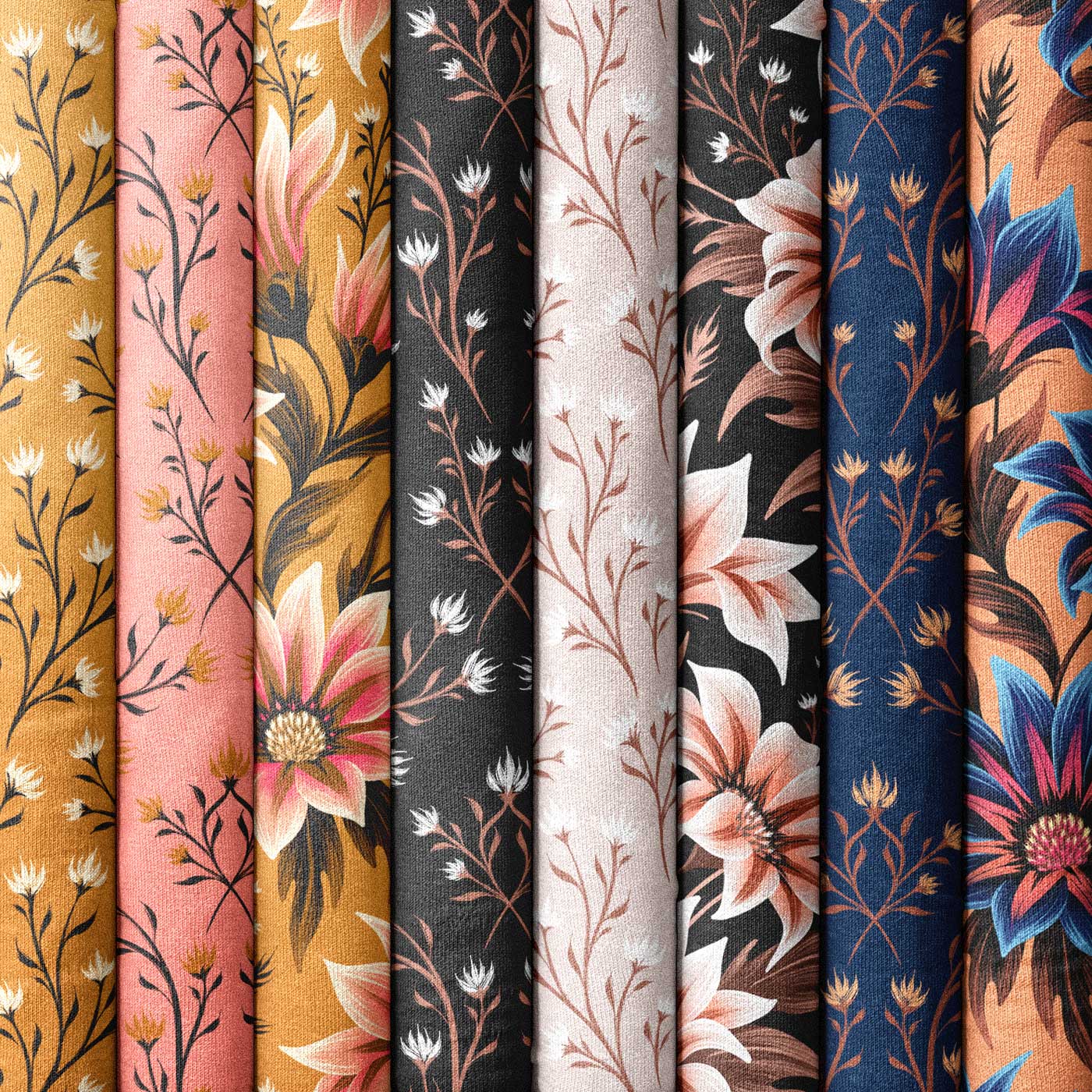 Coordinating collection of fabrics with gazania flowers by Andrea Muller