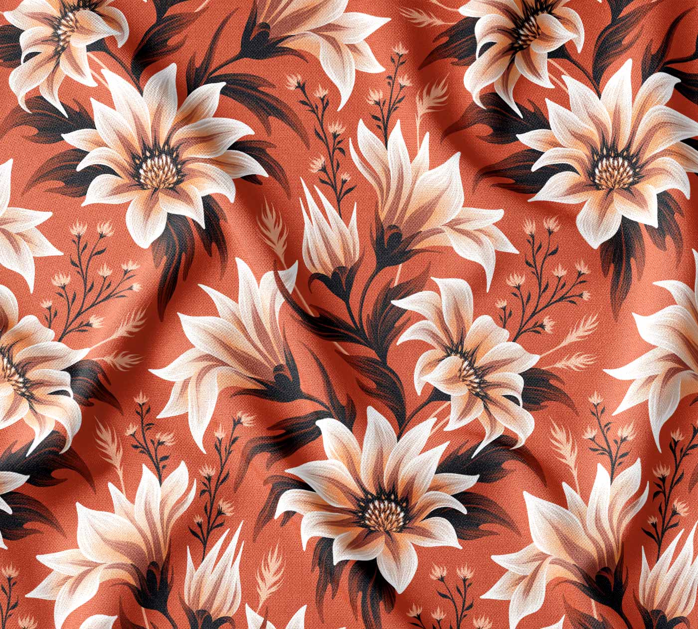 Gazania floral burnt orange patterned fabric by Andrea Muller