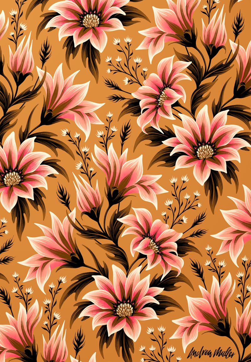 Gazania floral pattern illustration by Andrea Muller
