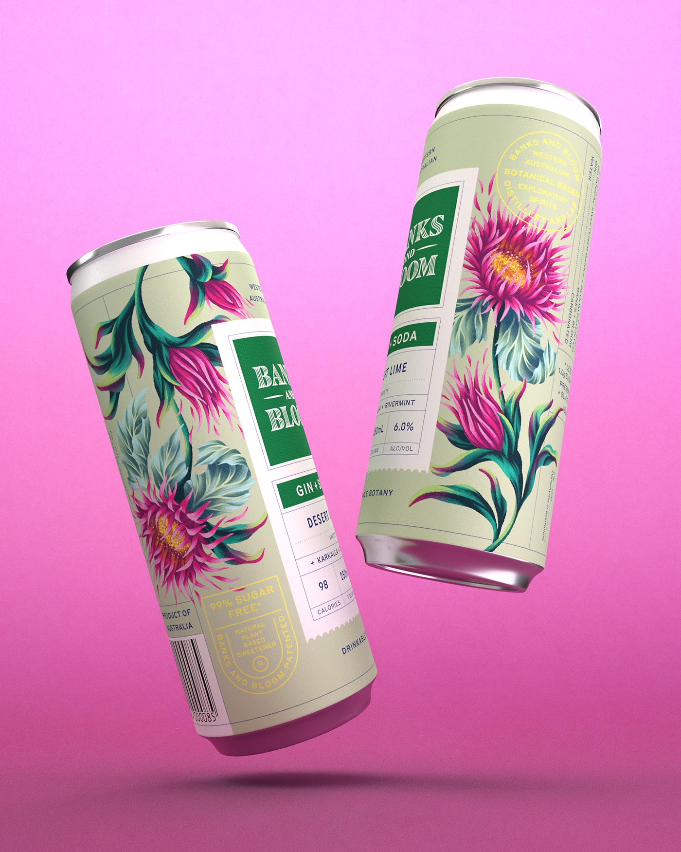 Banks and Bloom Gin and Soda floral artwork RTD can design with pink flowers by Andrea Muller