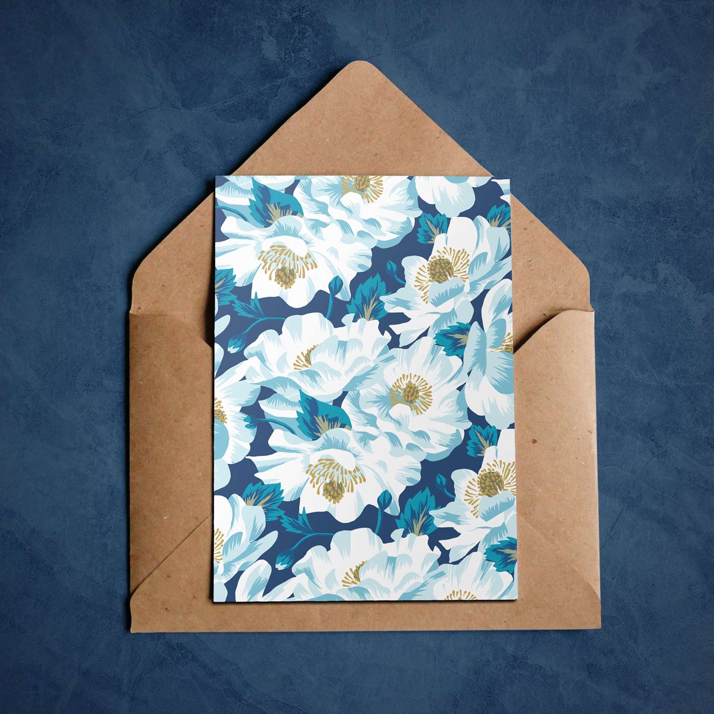 New Zealand Mount Cook lily white and navy floral print greeting card by Andrea Muller