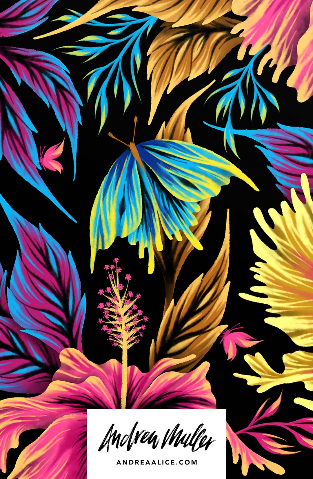 Colorful tropical butterflies pattern detail illustration by Andrea Muller