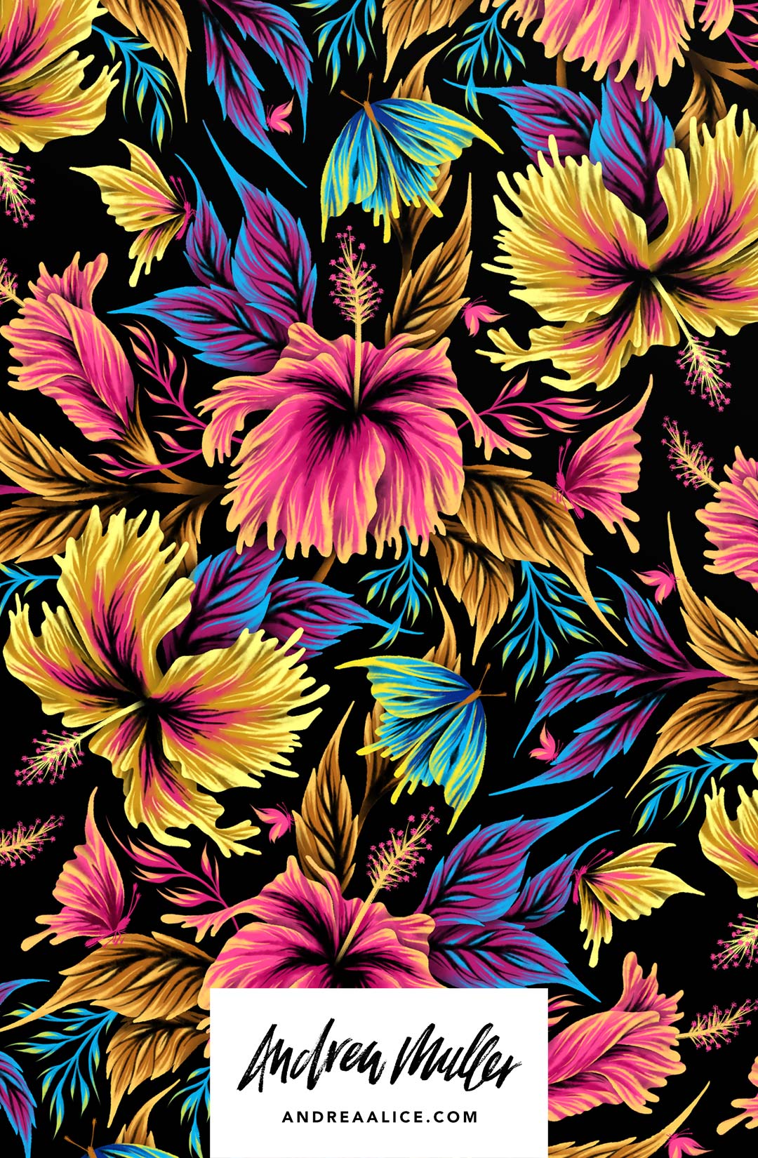 Colorful tropical hibiscus butterflies pattern illustration by Andrea Muller