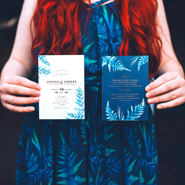 Fern leaf print wedding invites by Andrea Muller