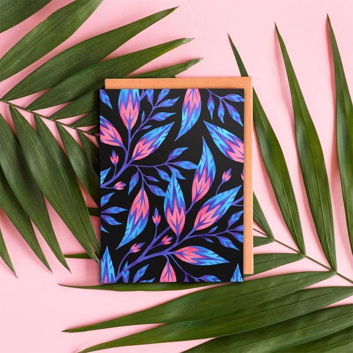 Pink and blue leaf pattern greeting card by Andrea Muller