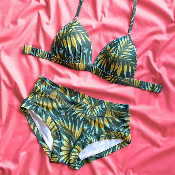 Tropical palm leaf print bikini by Andrea Muller