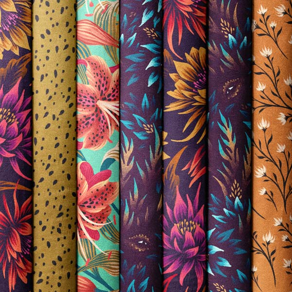 Selection of floral fabric prints in golds and purples by Andrea Muller