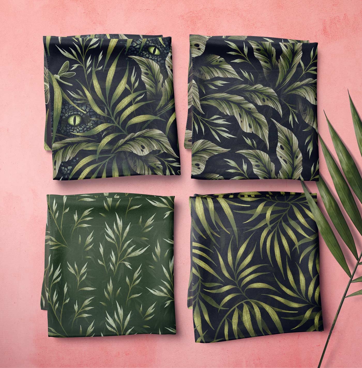 Dull green dinosaur and foliage coordinating fabric collection by Andrea Muller