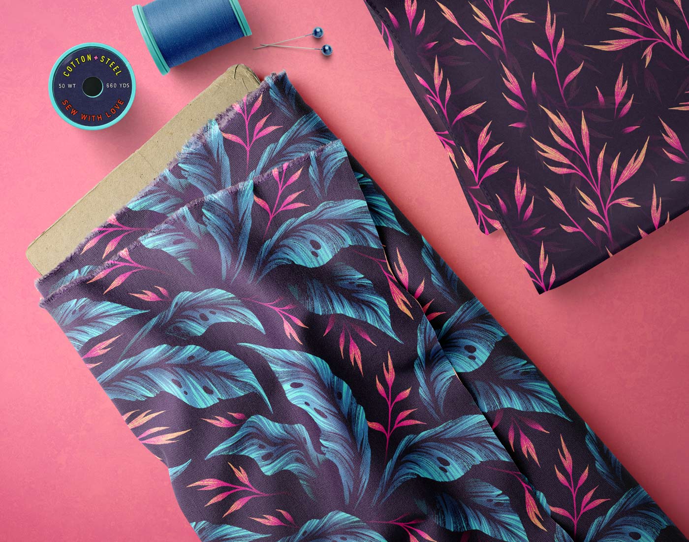 Blue and pink tropical jungle leaf folliage fabric collection coordinates by Andrea Muller