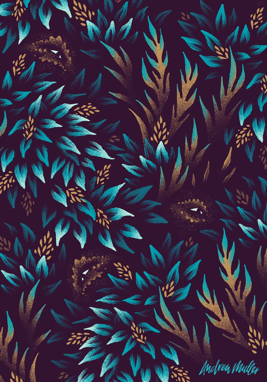 Foliage leaves with eyes pattern illustration by Andrea Muller
