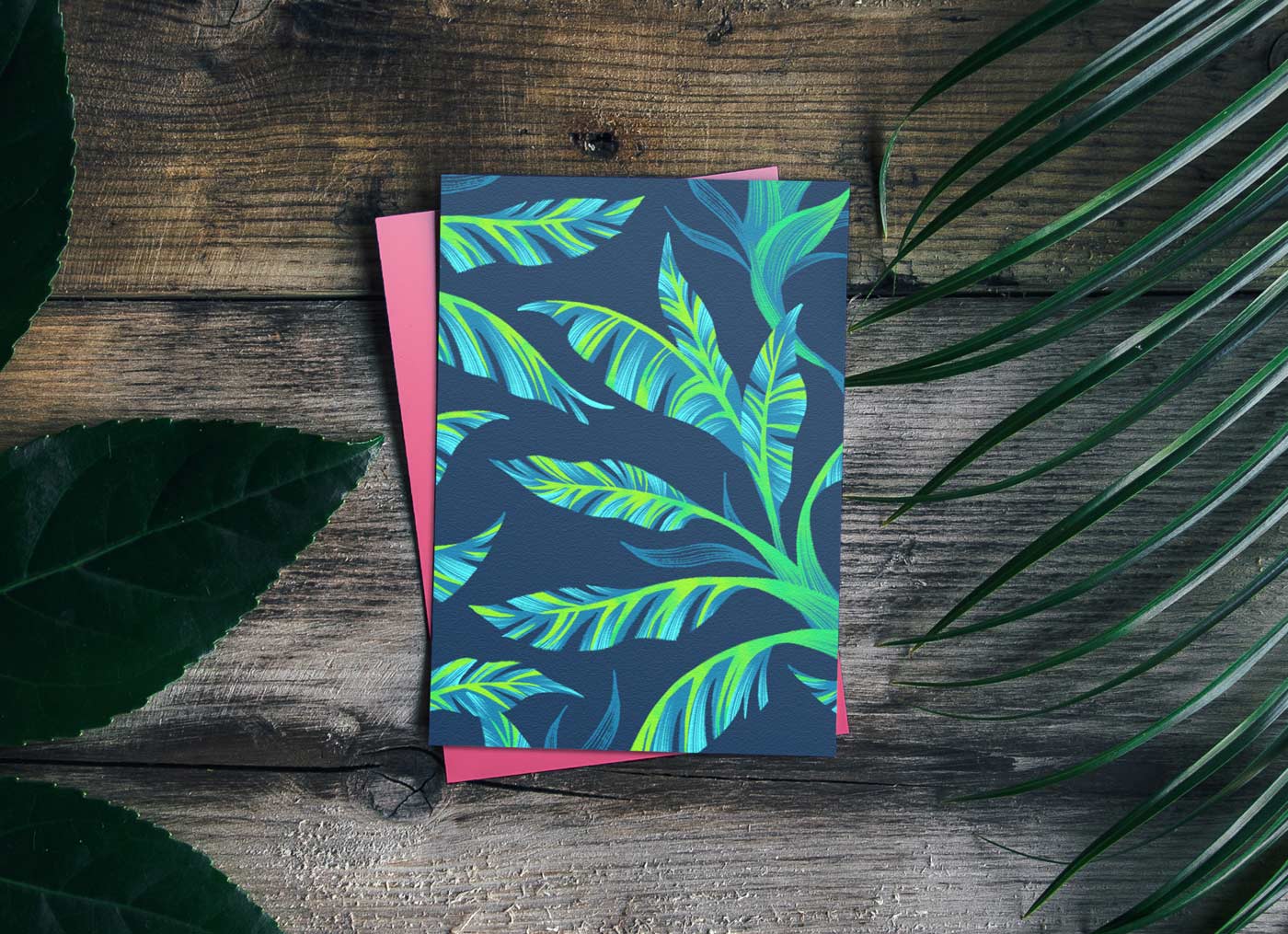 Tropical leaf pattern greeting card by Andrea Muller