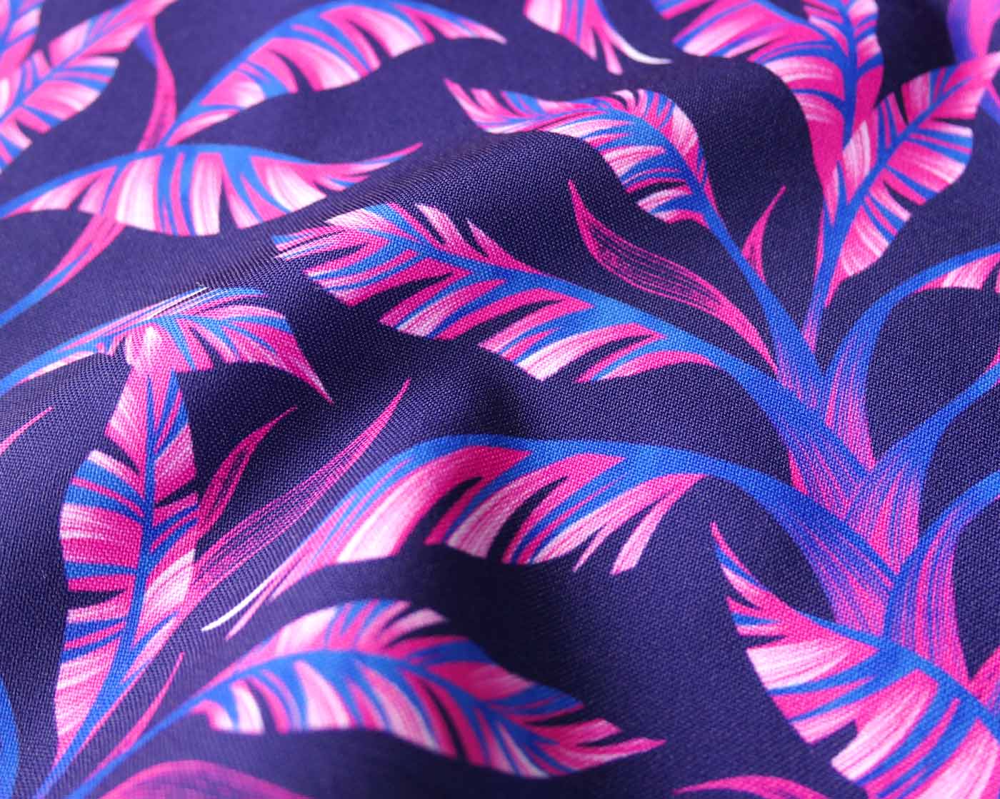 Tropical pink and purple banana leaf pattern fabric by Andrea Muller