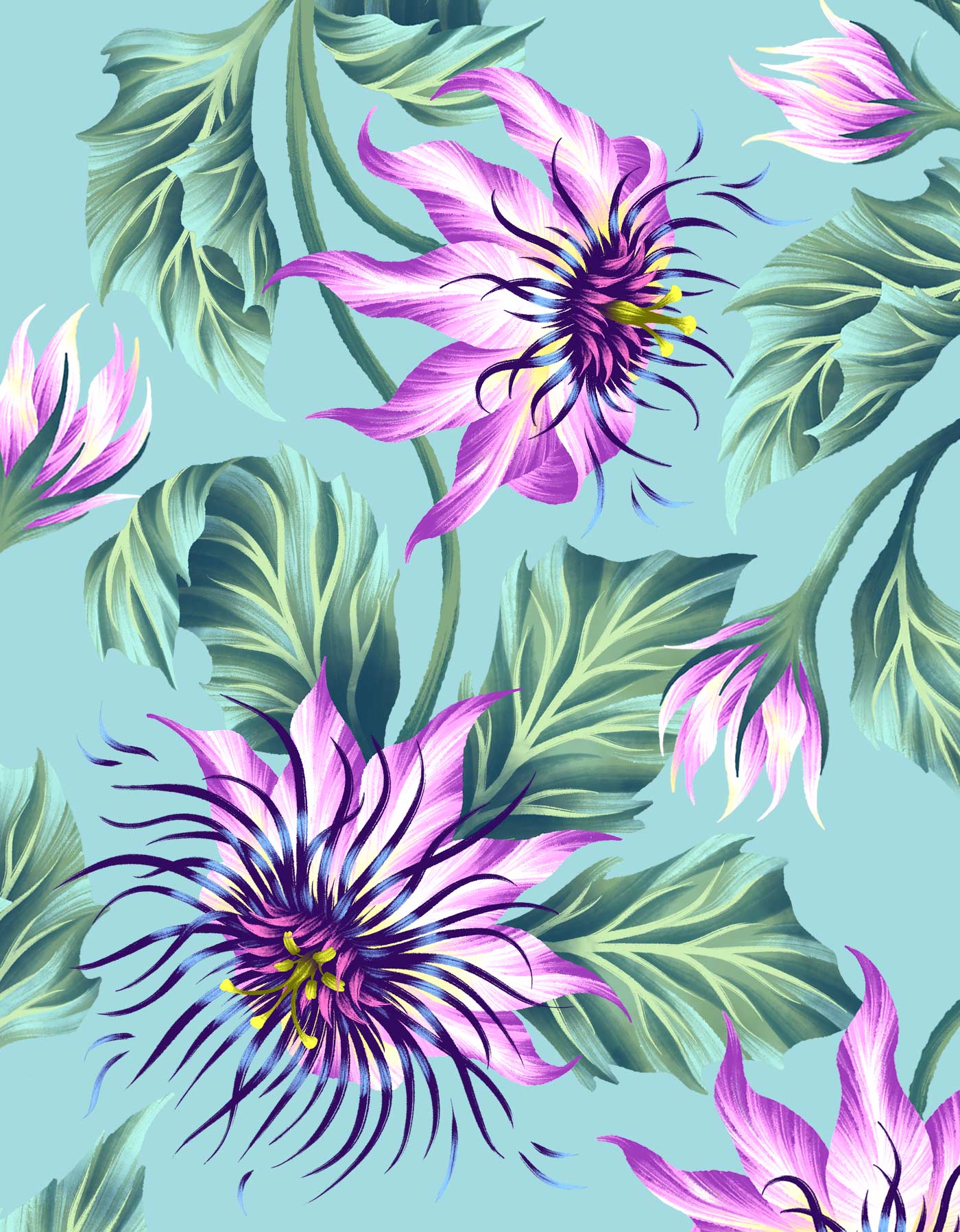 Repeating pattern illustration of passionflowers and saltbush leaves by Andrea Muller