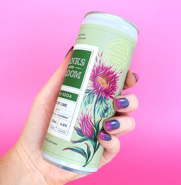 Floral illustrated RTD can packaging for gin distillery Banks and Bloom by Andrea Muller