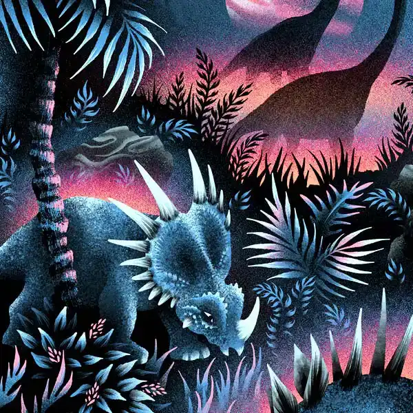 Dinosaur Lagoon tropical night scene pattern illustration with palm trees and stegosaurus, styracosaurus, brachiosaurus by Andrea Muller
