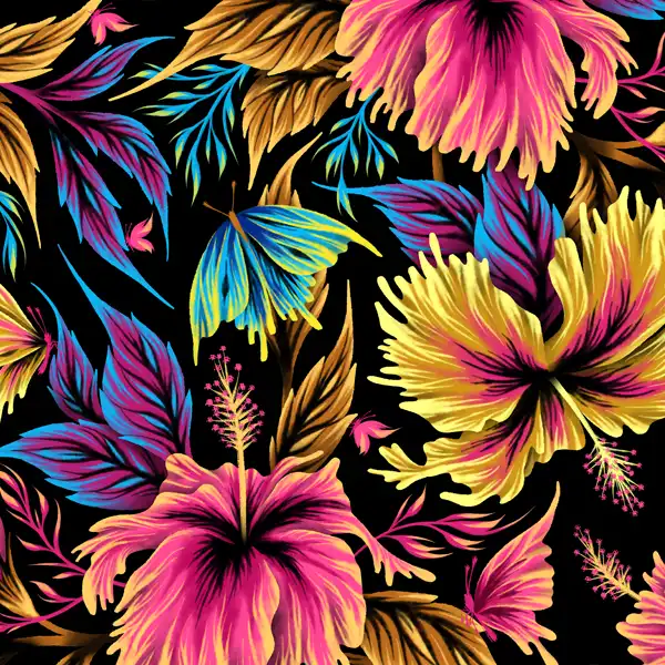 Colorful Hibiscus tropical floral pattern with butterflies by Andrea Muller
