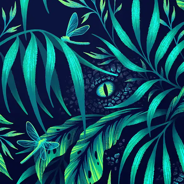 Jurassic Jungle tropical palm leaf repeat pattern illustration with dinosaurs by Andrea Muller