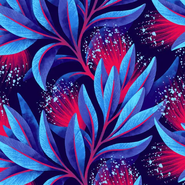 New Zealand native Pohutukawa floral fabric pattern illustration by Andrea Muller