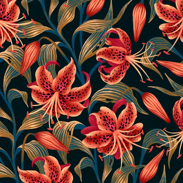 Tiger Lily orange flower repeat pattern for licensing by Andrea Muller