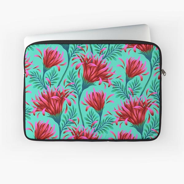 Daisy floral red and mint pattern laptop sleeve by Andrea Muller
