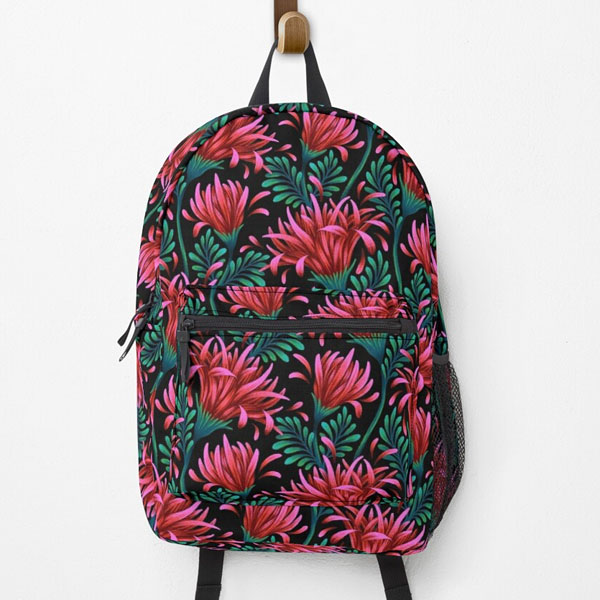 Red and green daisy floral print backpack by Andrea Muller