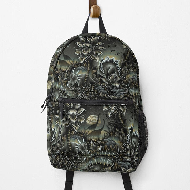 Dinosaur printed black backpack by Andrea Muller