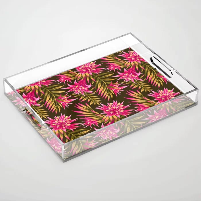 Aechmea Fasciata pink and green tropical print acrylic serving tray by Andrea Muller