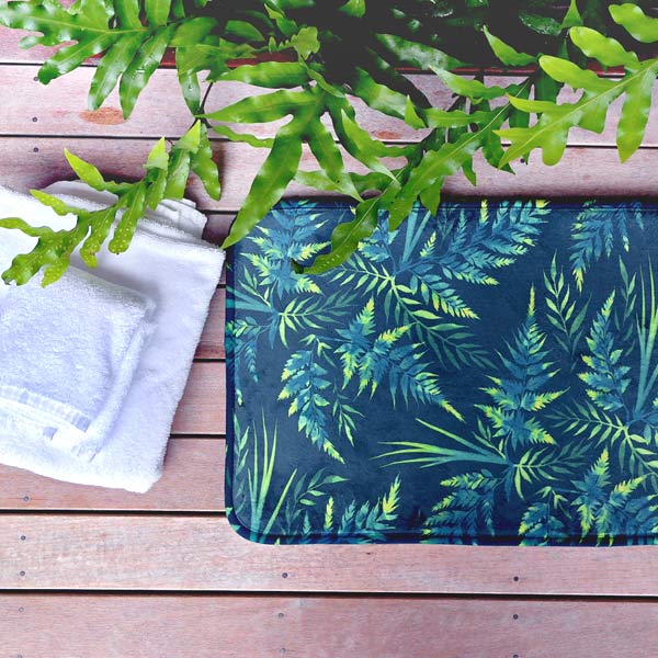 Green watercolor fern leaves pattern bath mat by Andrea Muller